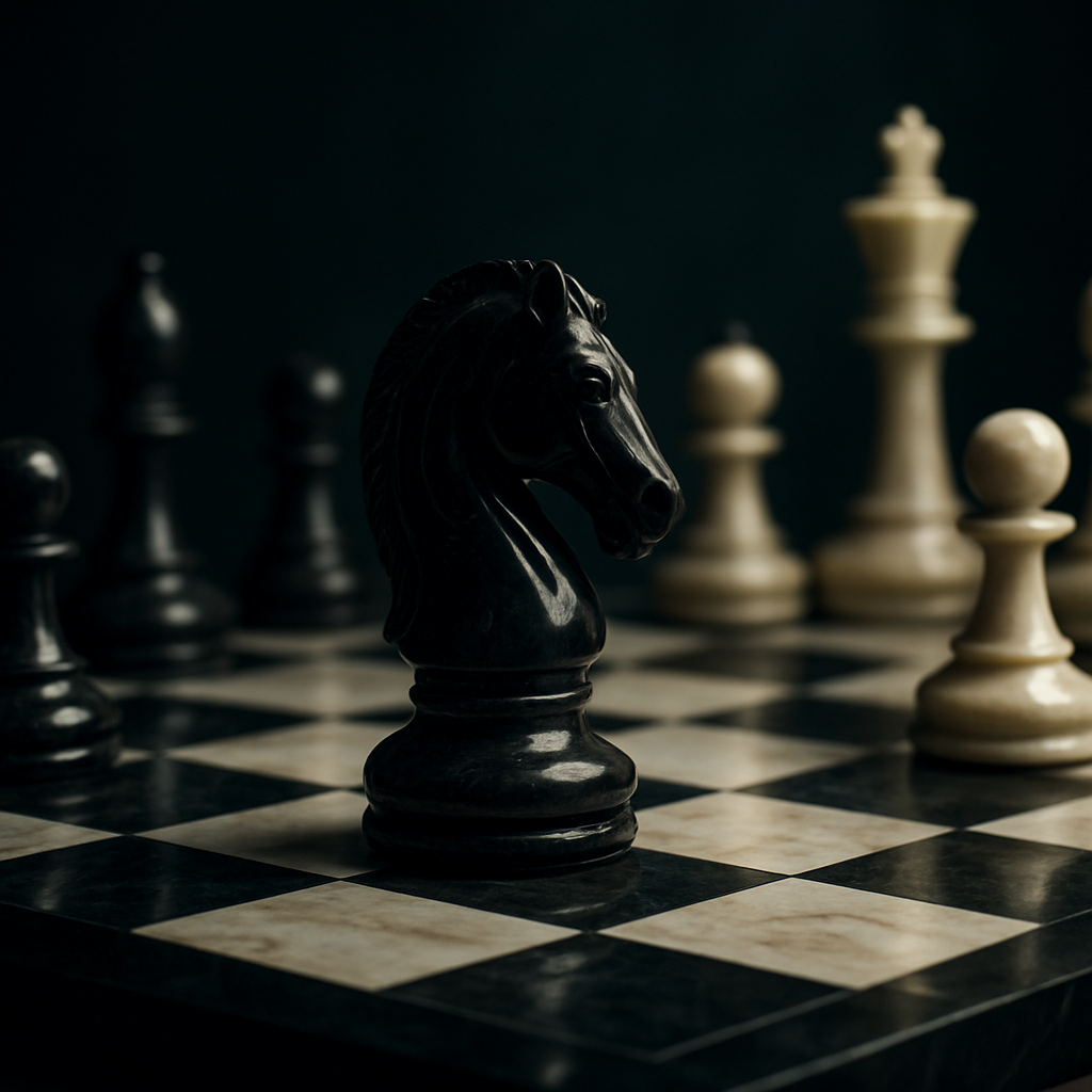 A premium chess board mid-game with a knight in focus